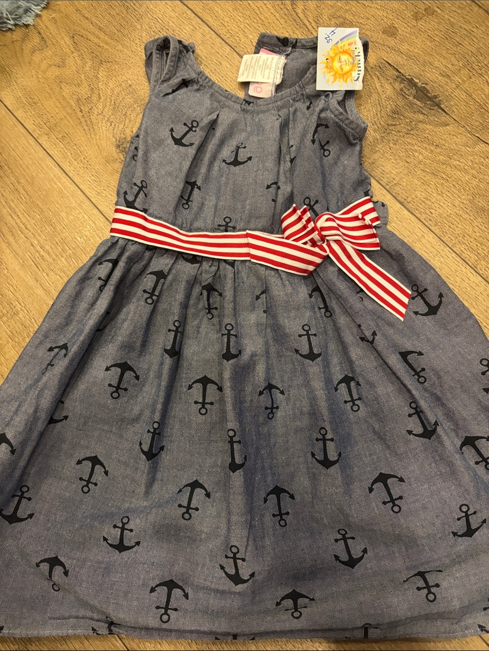 Good Lad Navy Anchor Print Dress with Red & White Striped Bow